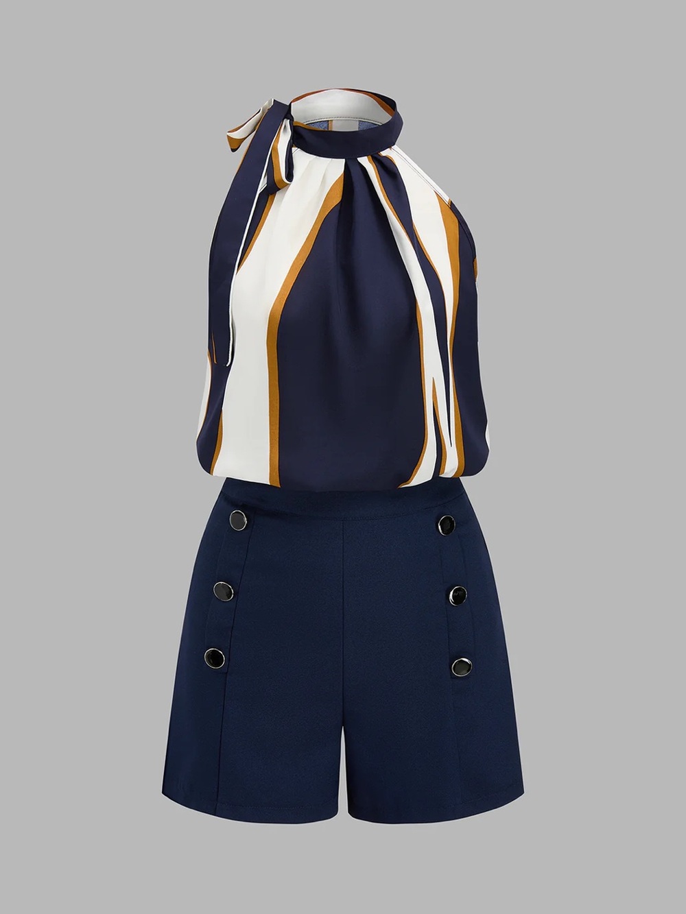 COMMENSE Striped Tie-Neck Top & Button Detail Shorts Set - size Medium